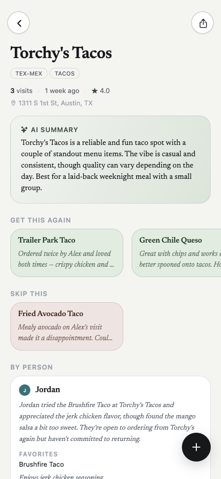 Restaurant detail with AI summary, reorder candidates, and per-person breakdown